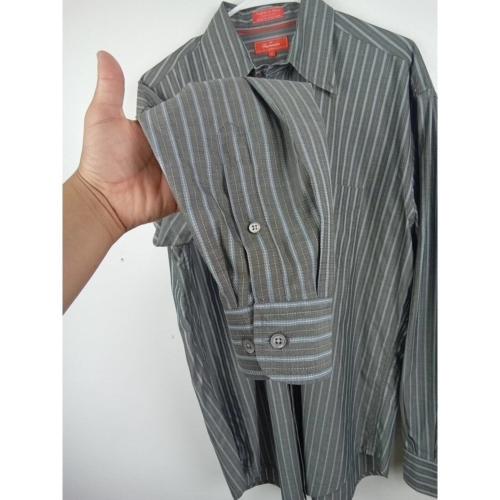 Faconnable Shirt Mens Medium Striped Cotton Long Sleeve Button Down Casual Gray - Picture 6 of 8